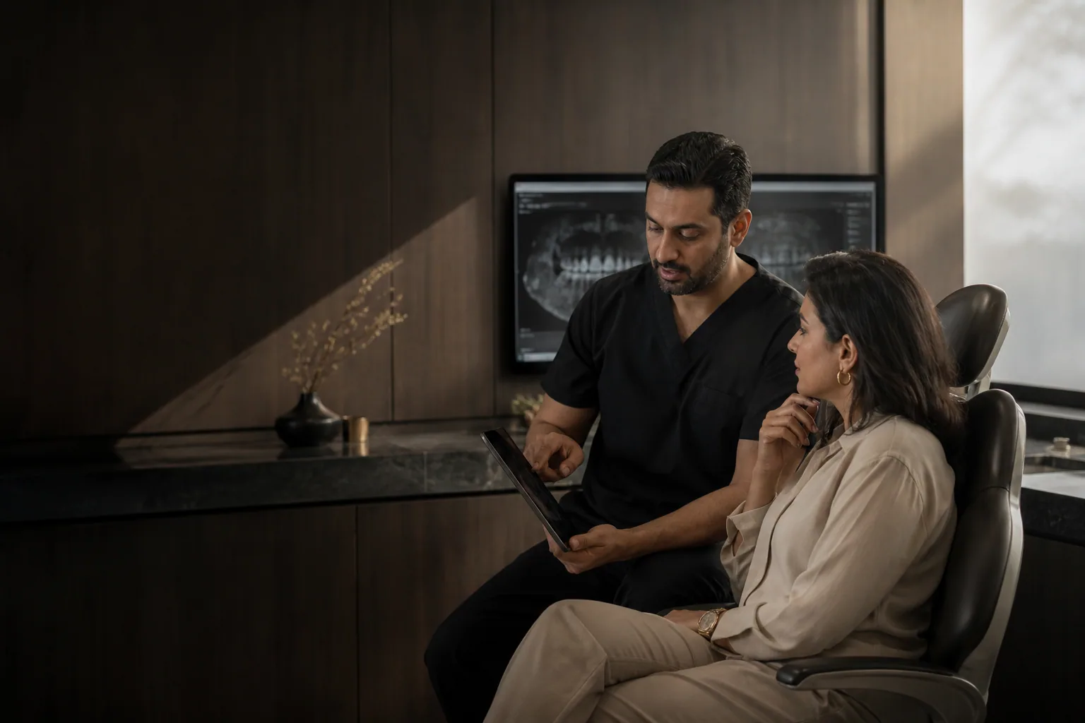 A refined fictional dental studio consultation with cinematic natural light
