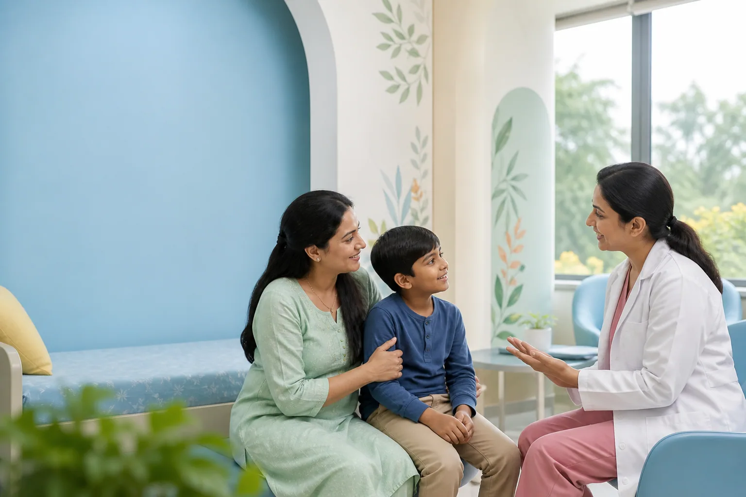 A paediatrician welcoming a parent and child in a bright fictional children’s hospital