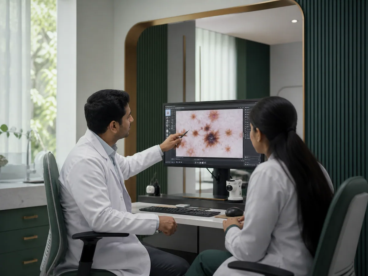 Dermatology specialist reviewing findings in a diagnostic space