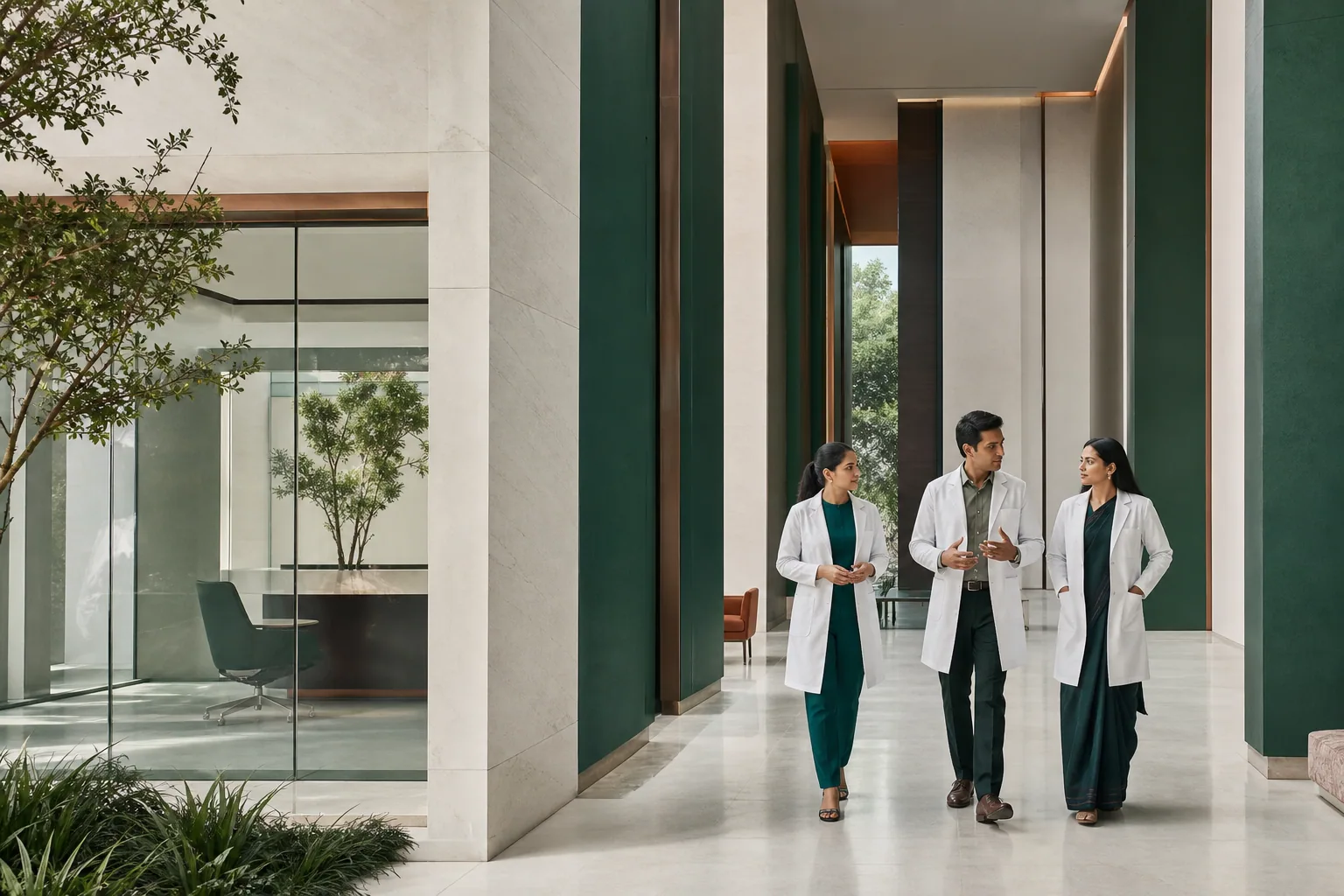 Specialist team in the architectural interior of the fictional Lumina Skin Hospital