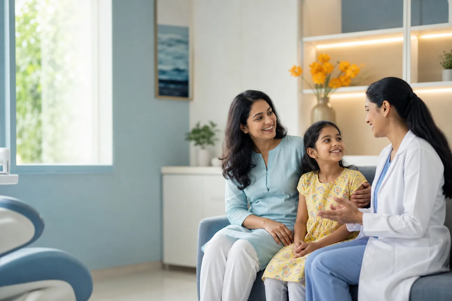 A parent and child in a bright, welcoming fictional dental clinic