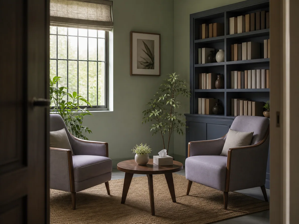 Private consultation room with soft daylight and comfortable seating