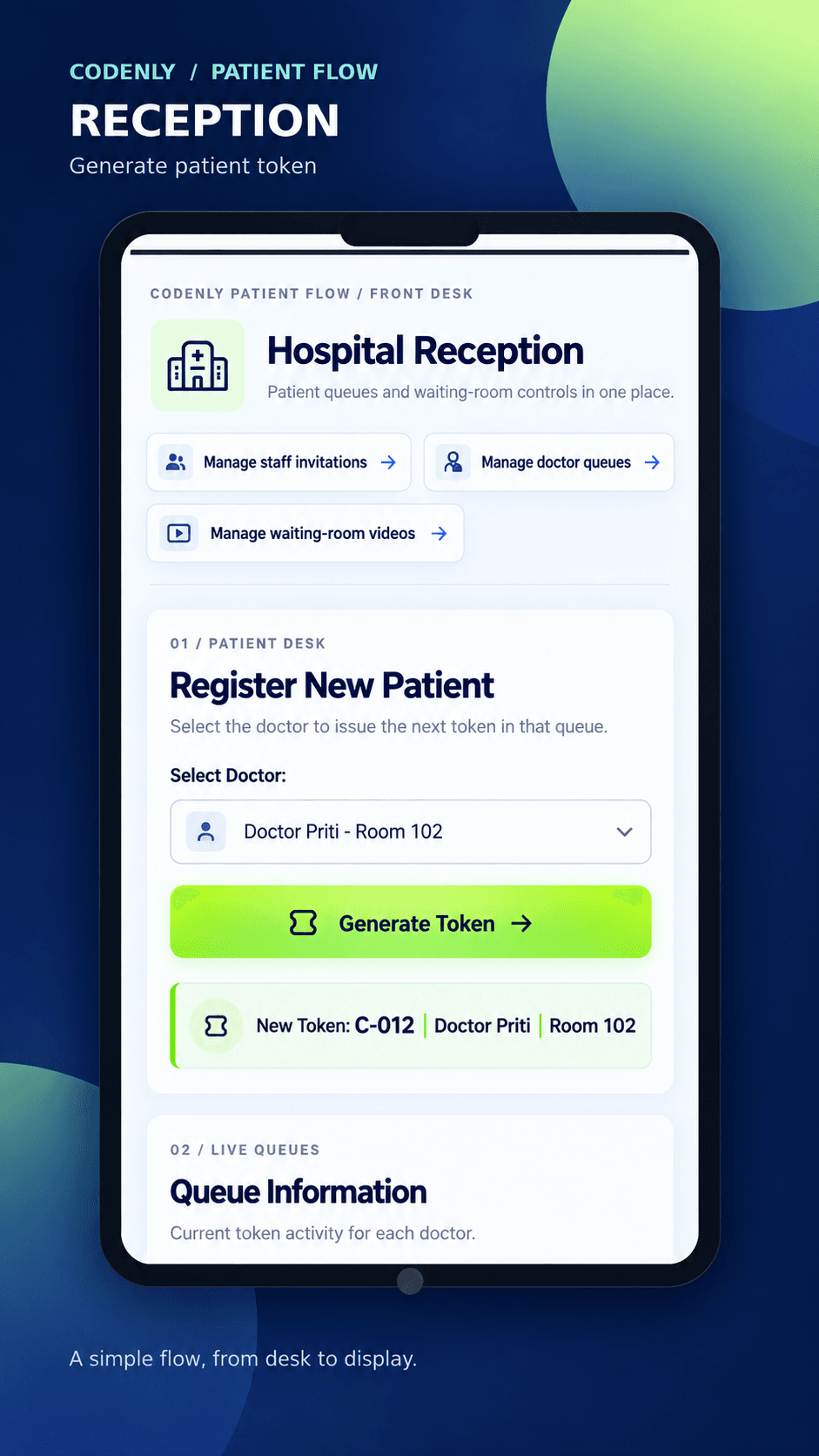 Codenly Patient Flow reception screen for generating a patient token